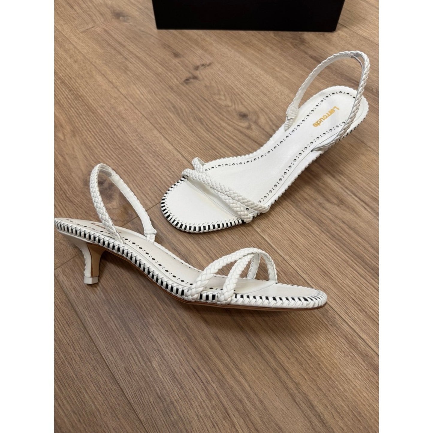 Larroude White Leather Braided Slingback Kitten Heel Sandals Whipstitch Trim