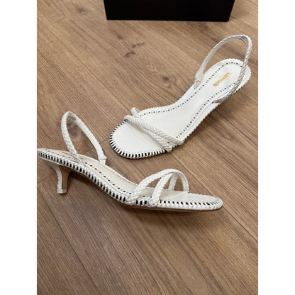Larroude White Leather Braided Slingback Kitten Heel Sandals Whipstitch Trim