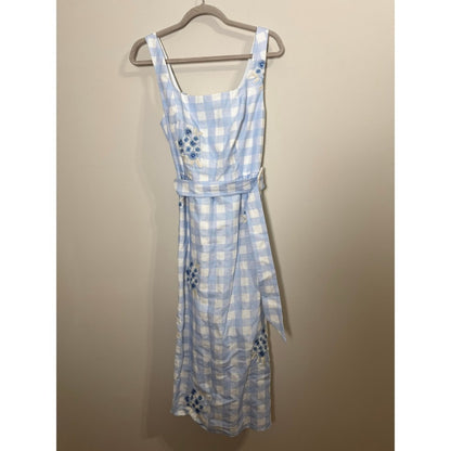 Sachin & Babi Bryce Blue Gingham Floral Embroidered Belted Midi Dress Size 8 NEW