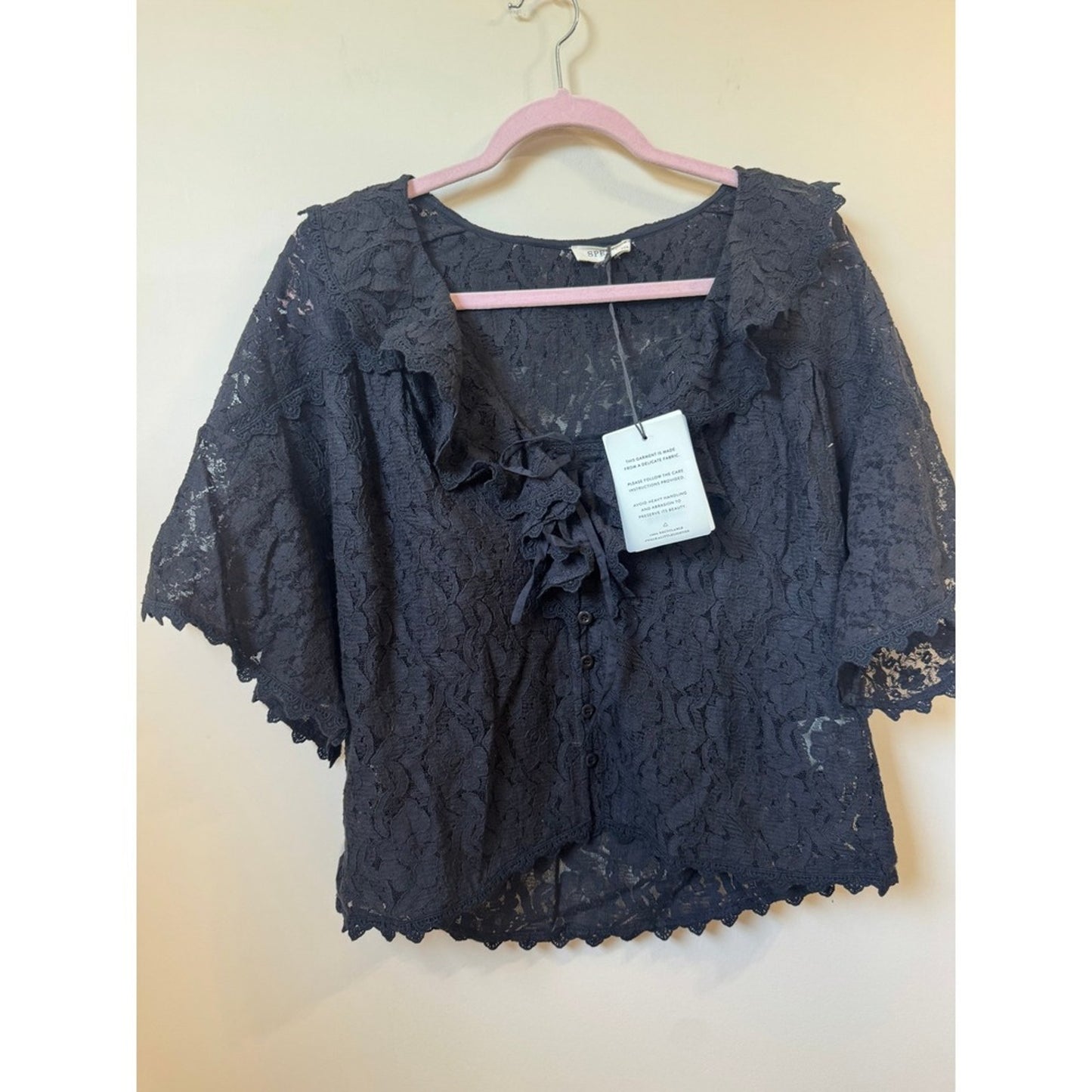 Spell & The Gypsy Collective Black Lace Ruffle Tie Front Blouse Top NWT
