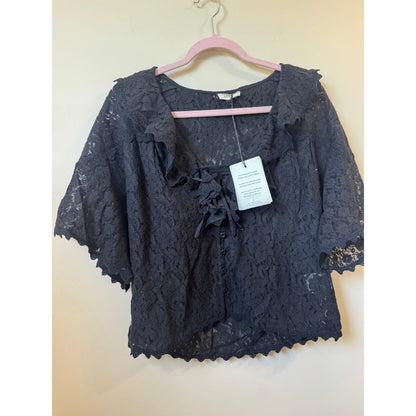 Spell & The Gypsy Collective Black Lace Ruffle Tie Front Blouse Top NWT
