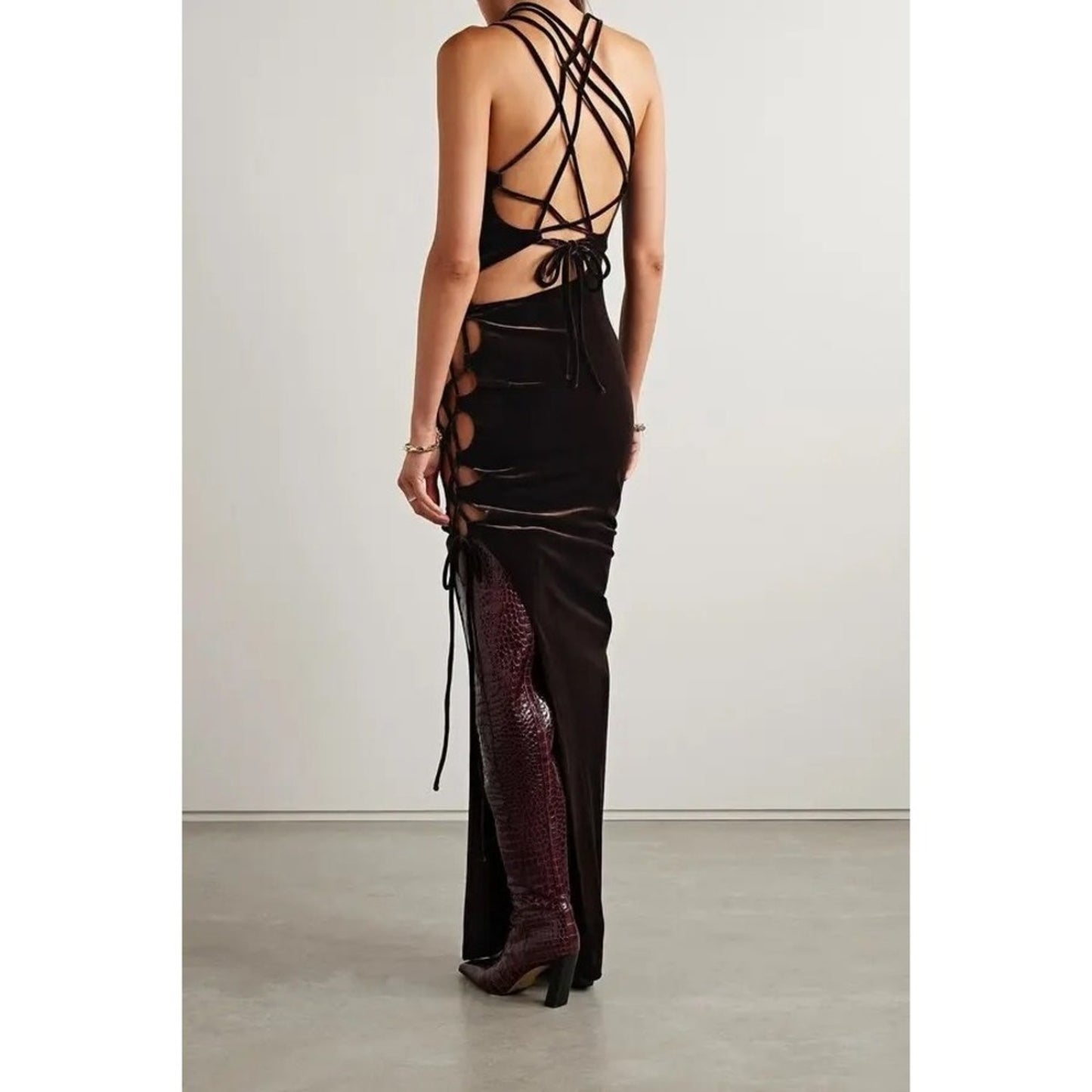 MONSE BROWN VELVET CUT OUT LACE UP DRESS SZ 8