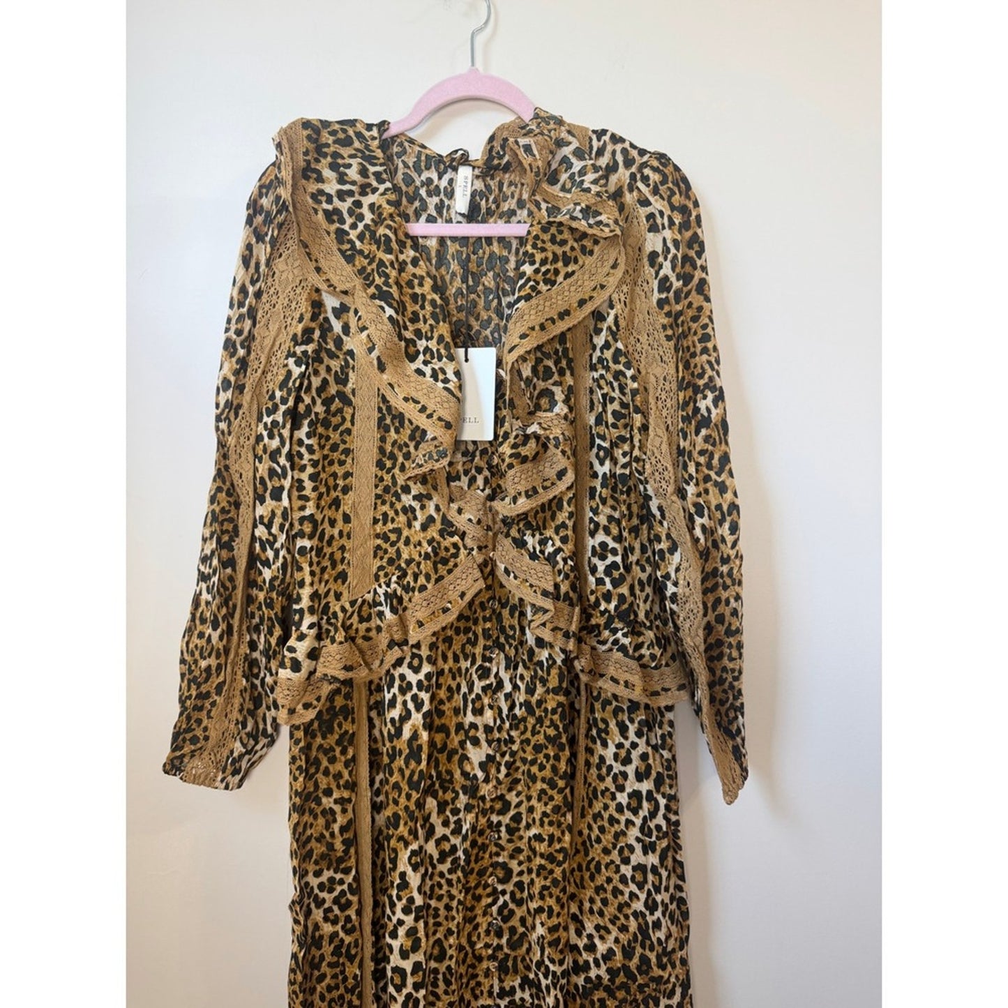 Spell Samantha Lace Gown Vintage Leopard Maxi Dress Ruffle Boho Animal Print L