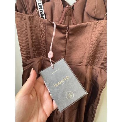 House of CB Brown Satin Corset Cowl Neck Midi Dress Chocolate Boned Bodice NWT