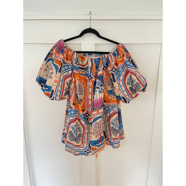 FARM Rio Off The Shoulder Puff Sleeve Mini Dress Bahia Print Button Front M