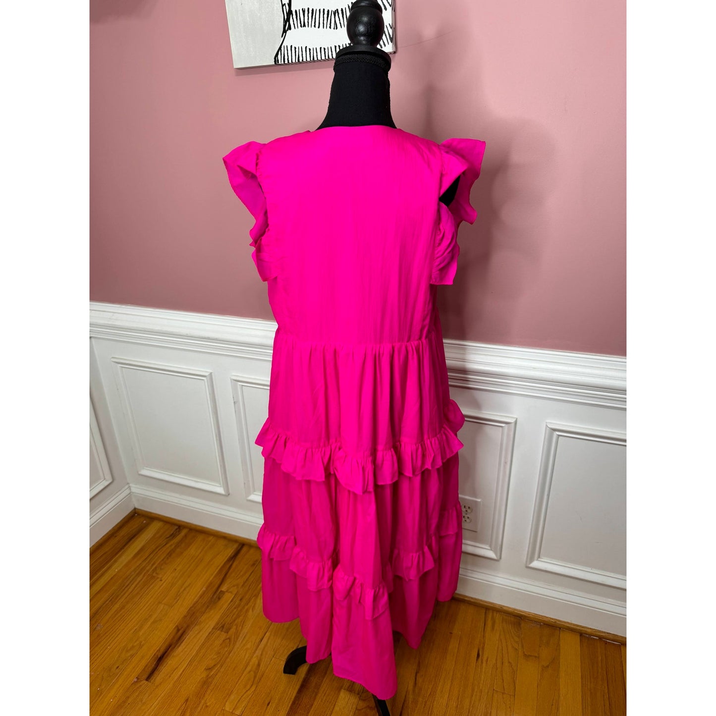 Amanda Uprichard Chamomile Dress in Cerise Large Sleeveless Tiered V-Neck Lined
