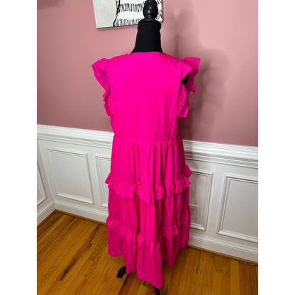 Amanda Uprichard Chamomile Dress in Cerise Large Sleeveless Tiered V-Neck Lined