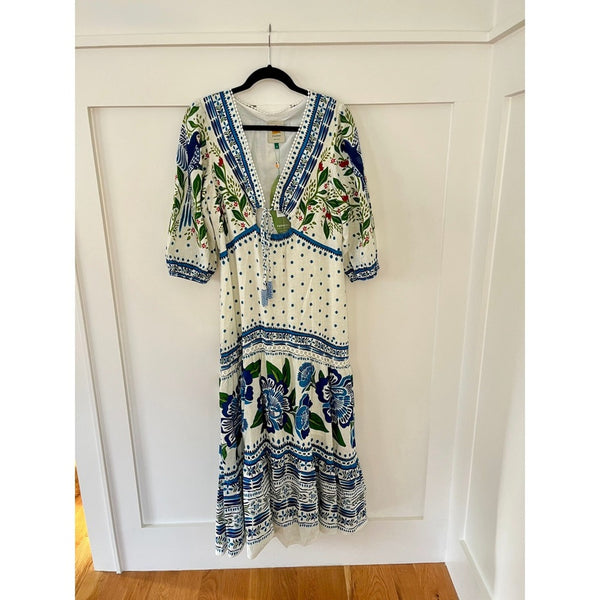 Farm Rio Maxi Dress White Blue Green Floral Bird Print V Neck Tie Waist