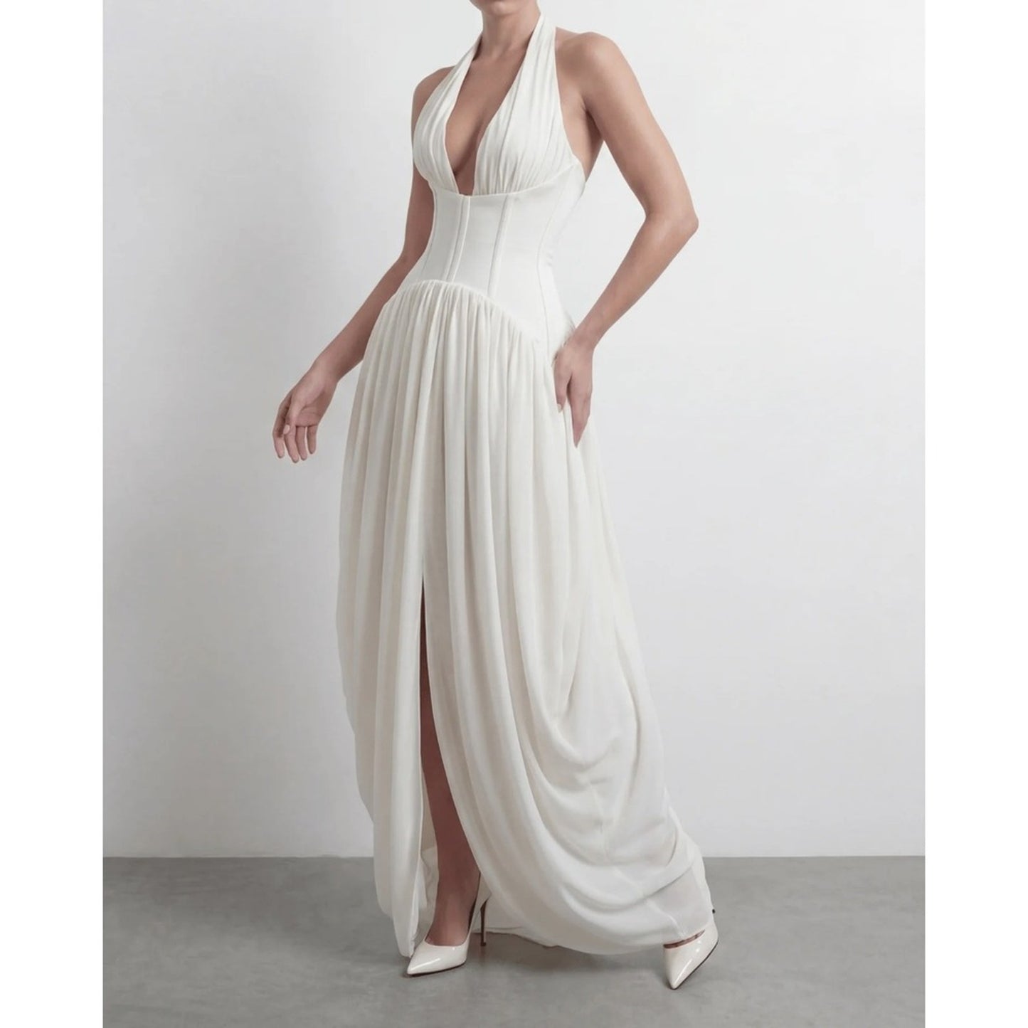 Heiress Beverly Hills White Corset Halter Maxi Dress Grecian Draped Gown