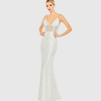 Mac Duggal Embellished Trumpet Gown‎ Dress in White Size 6 Sequin Wedding Bridal