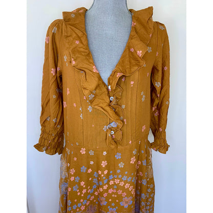 Free People Talsey Boho Floral Peasant Ruffled in Gold Small Floral 3/4 Sleeve