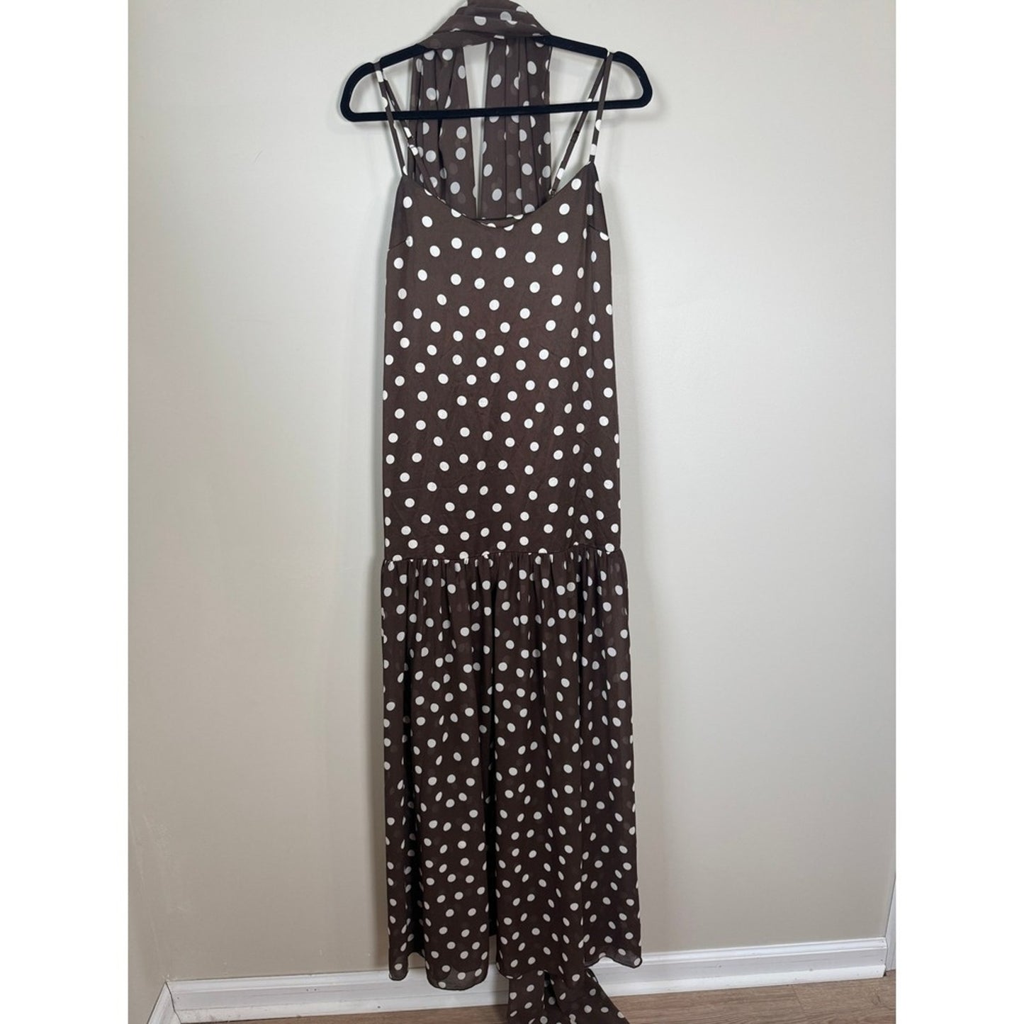 Show Me Your Mumu Brown Polka Dot Maxi Dress with Scarf XS Drop Waist Tiered