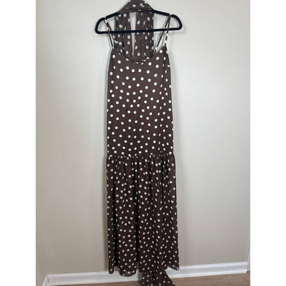 Show Me Your Mumu Brown Polka Dot Maxi Dress with Scarf XS Drop Waist Tiered