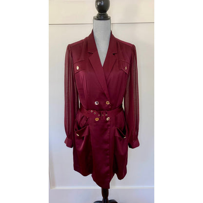 Karen Millen Sheer and Opaque Belted Dress in Burgundy Size 10 Mini Long Sleeve