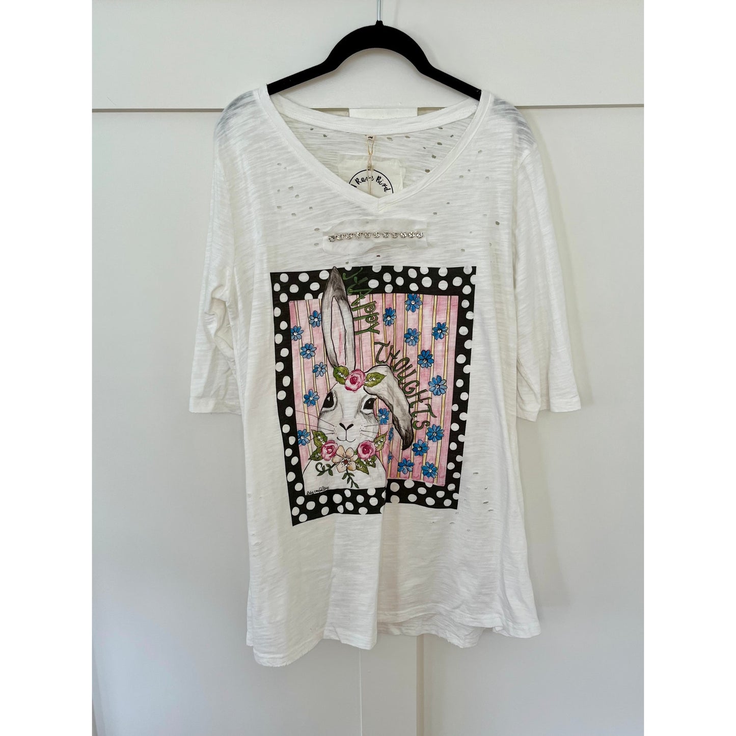 NEW NWT A Rare Bird Tattered T-Shirt Happy Thoughts Size S/M