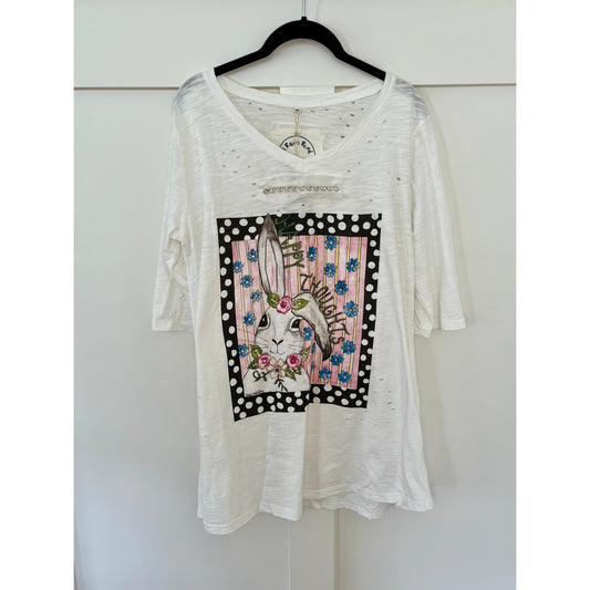 NEW NWT A Rare Bird Tattered T-Shirt Happy Thoughts Size S/M
