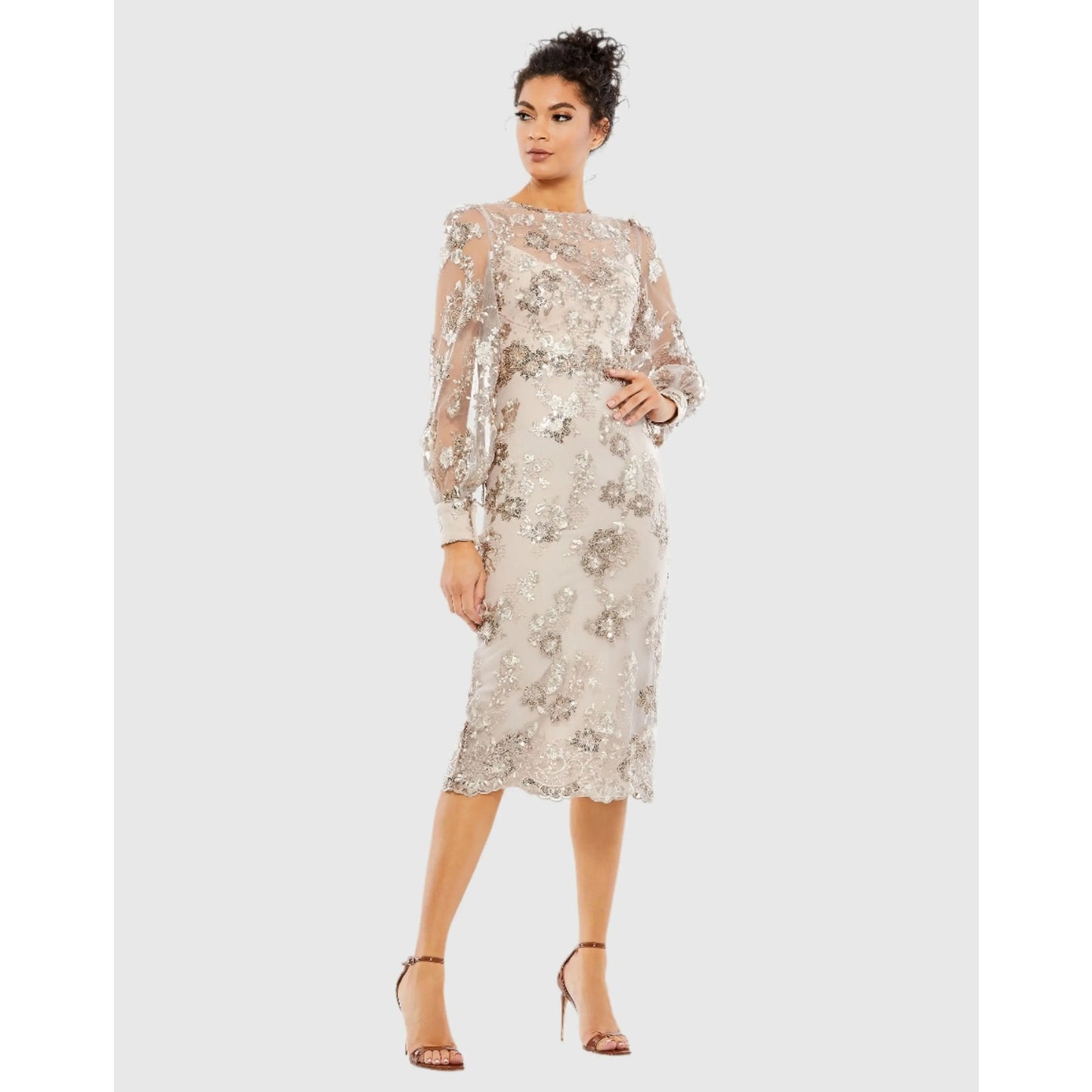 NEW NWT Mac Duggal 70237 Beige Embellished High Neck Illusion Long Sleeve Midi Dress Mocha Size 4