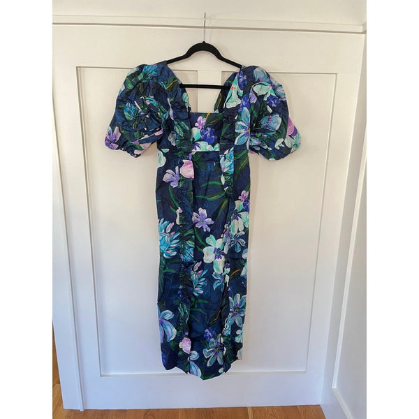 Farm Rio Maxi Dress Blue Floral Square Neck Puff Sleeve Midi M