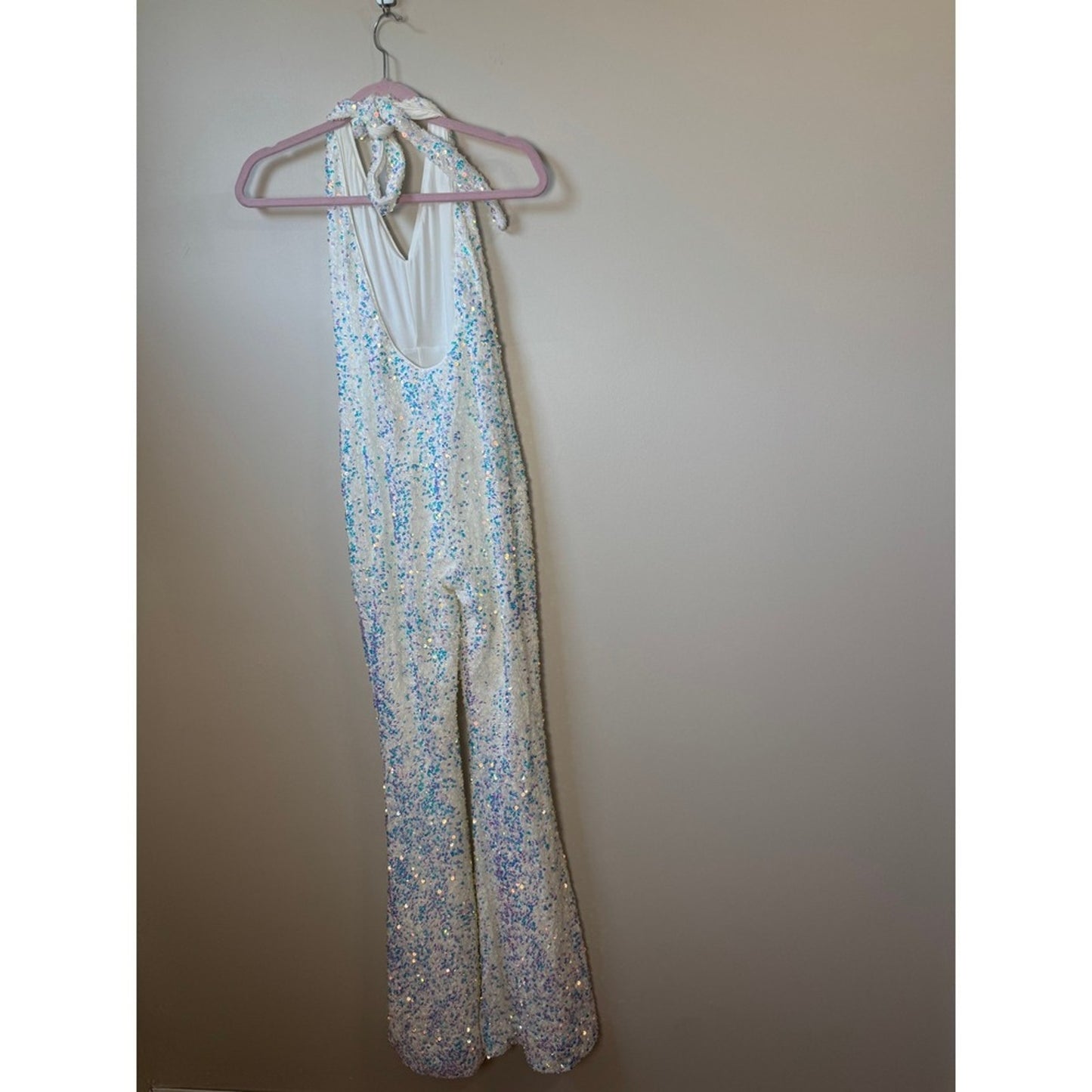 White Iridescent Sequin Halter Jumpsuit Wide Leg Disco Bridal Party Bachelorette