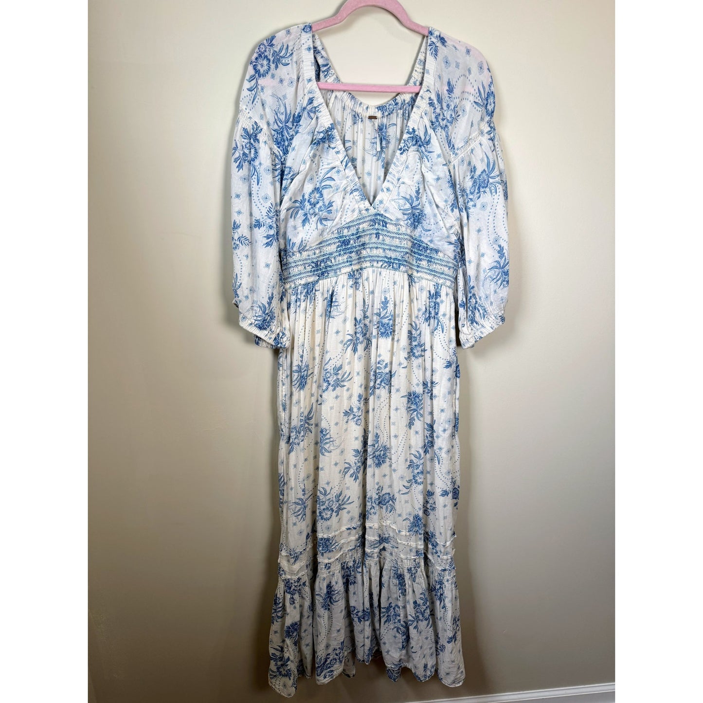 NEW Free People Golden Hour Smocked Floral Maxi in Tea Combo Size Large