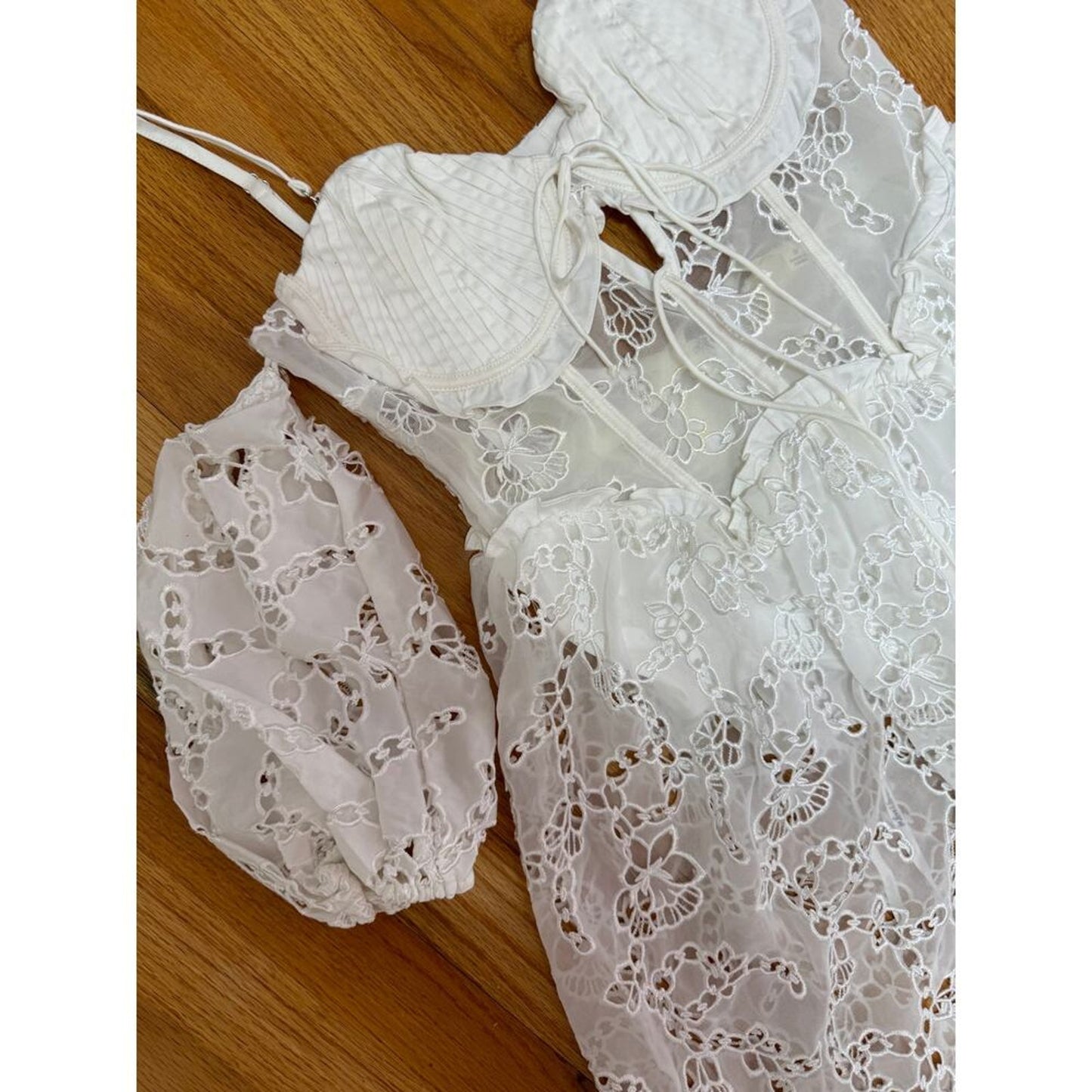 For Love & Lemons Romi Midi‎ Dress in White Small Floral Eyelet Puff Sleeve