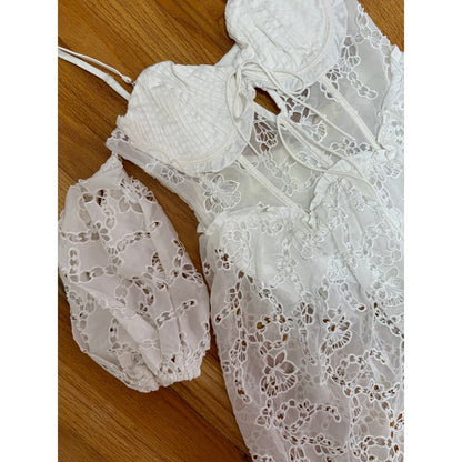For Love & Lemons Romi Midi‎ Dress in White Small Floral Eyelet Puff Sleeve