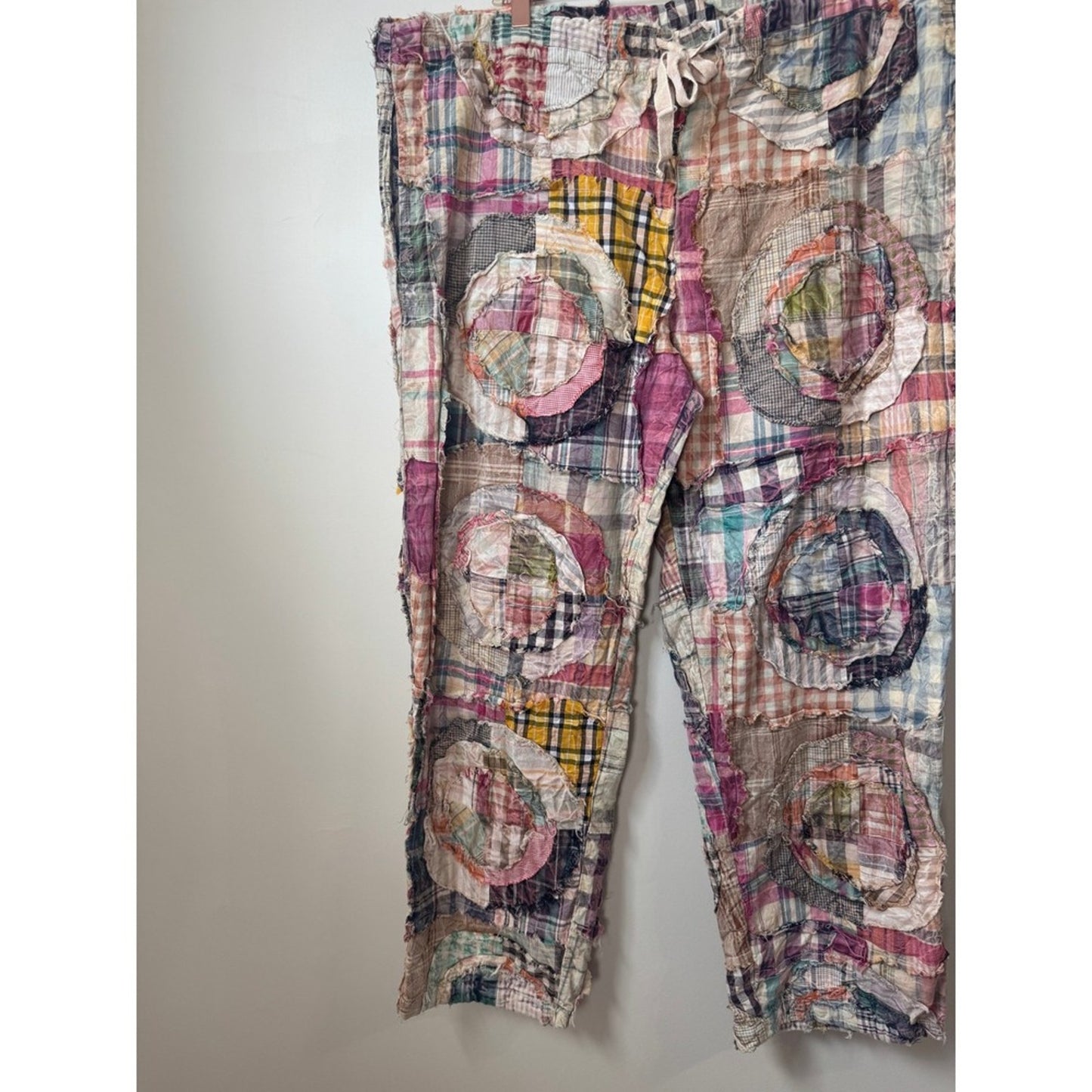 Jaded Gypsy Women Patchwork Plaid Boho Pants Straight Leg Drawstring