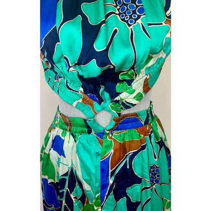 Cult Gaia Theia Dress in Botanic Aqua Silk Voile Sz XL Floral Sleeveless Cutout