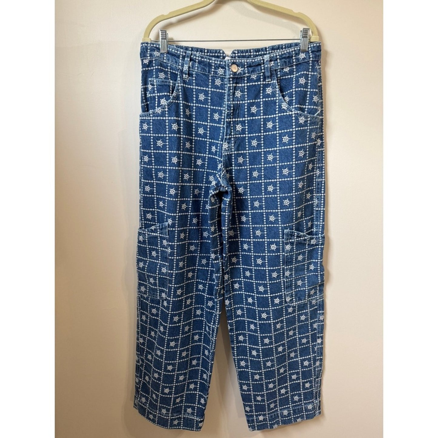 Damson Madder Blue Embroidered Floral Grid Cargo Jeans Wide Leg NWT
