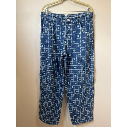 Damson Madder Blue Embroidered Floral Grid Cargo Jeans Wide Leg NWT