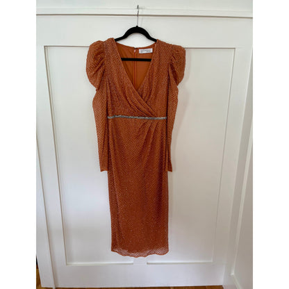 NEW NWT Mac Duggal Beaded Wrap-Over Puff Sleeve Midi Dress 93674 Copper Size 4