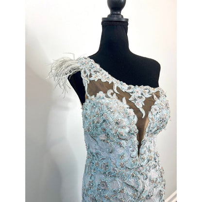 Mac Duggal Mermaid Gown‎ Dress in Crystal Blue Size 6 Embellished Lace Cocktail