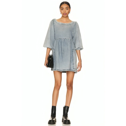 Free People Get Obsessed Denim Baby Doll Dress in Blue Medium 3/4 Sleeve Cotton