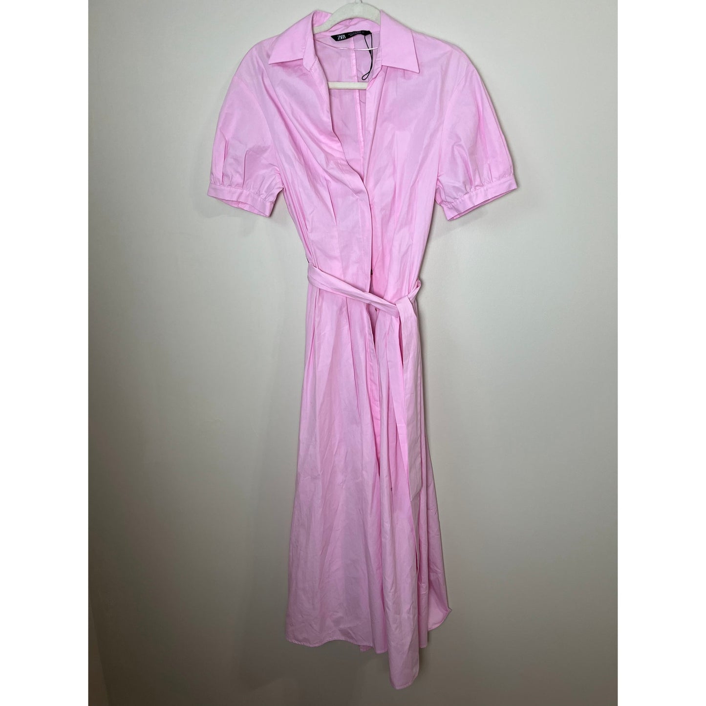 NEW Zara Midi Pink Shirt Belted Midi Dress Pink Size Small