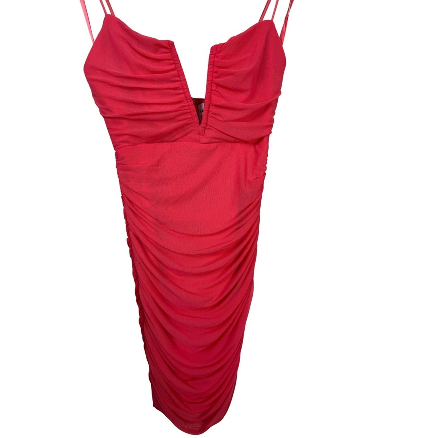 Hello Molly Coral Pink Ruched Mesh V Neck Bodycon Mini Dress Womens US 4