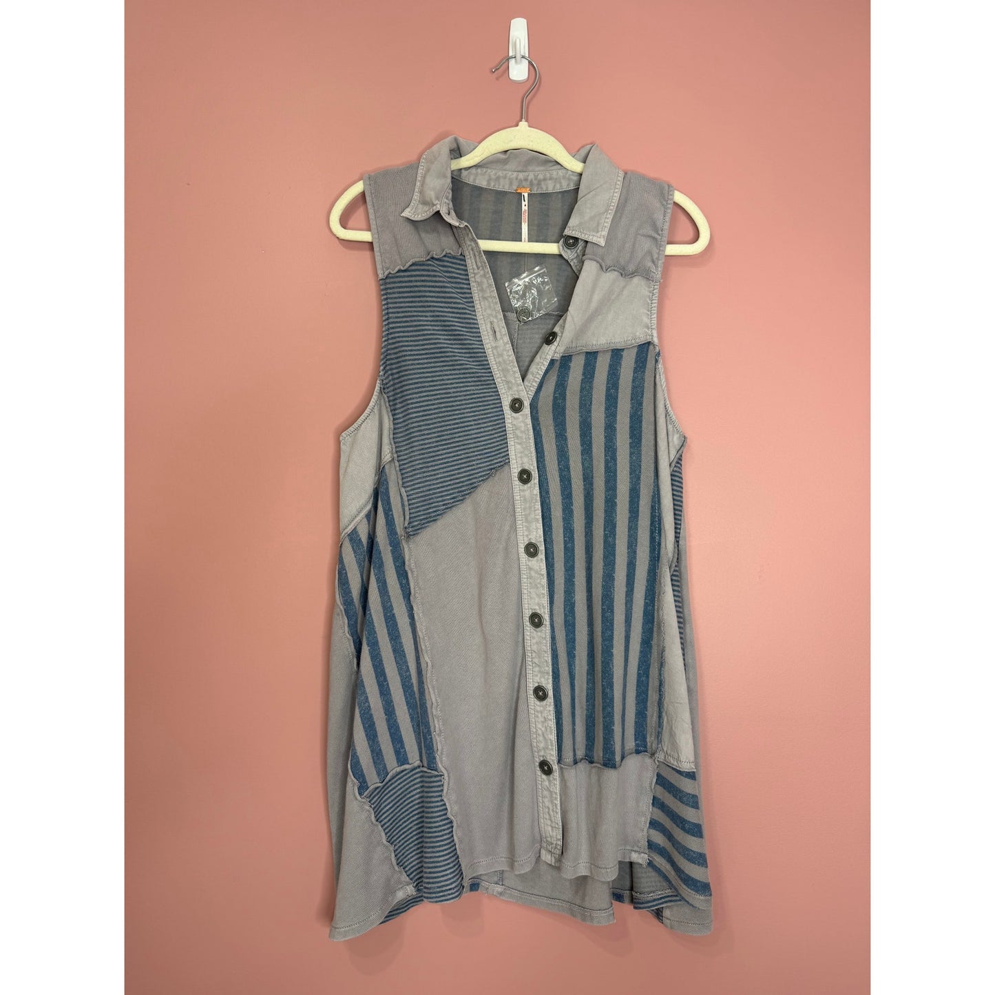Free People Santana Denim Patched Mini Dress in Blue Small Striped Sleeveless