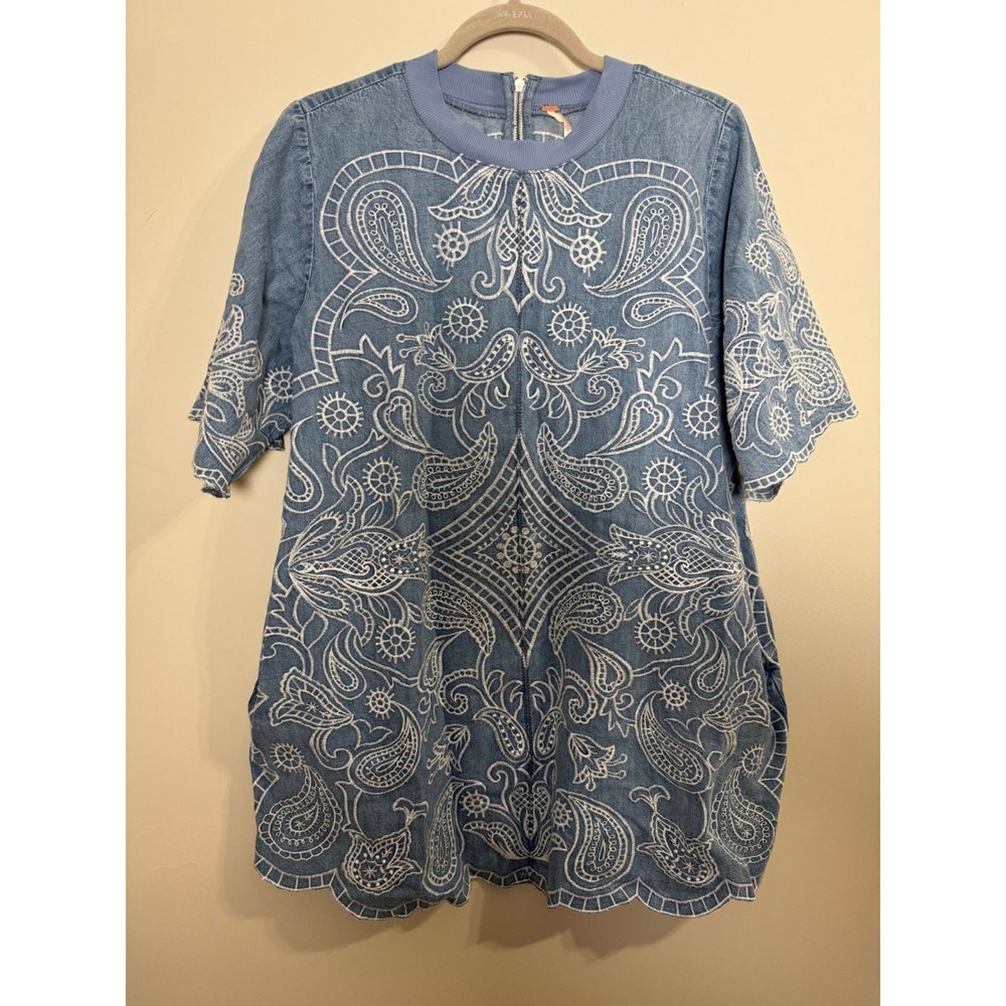 Free People Embroidered Denim Mini Dress Blue Paisley Scalloped Hem NWT