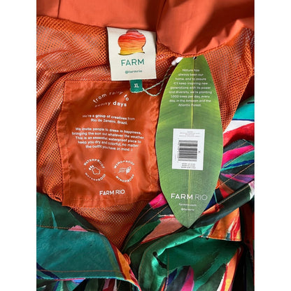 FARM Rio Long Windbreaker Jacket Tropical Botanical Print Drawstring Hooded XL