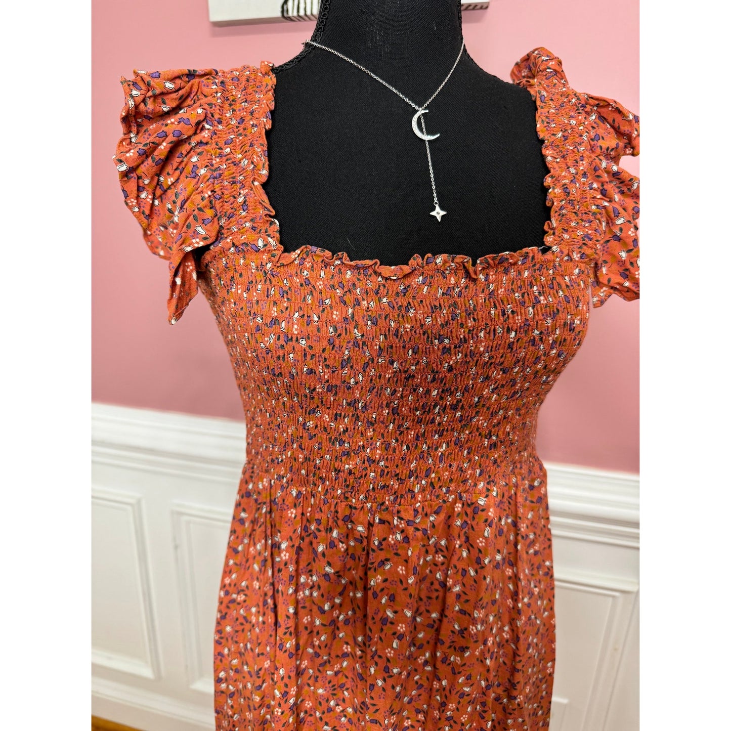 byTimo Floral Maxi Dress Orange Floral Small Short Sleeve Ruffle Smocked Cotton