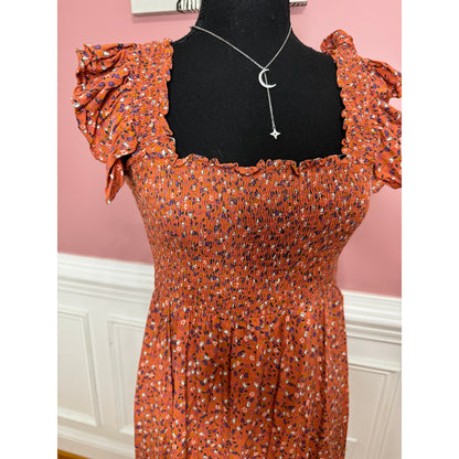 byTimo Floral Maxi Dress Orange Floral Small Short Sleeve Ruffle Smocked Cotton