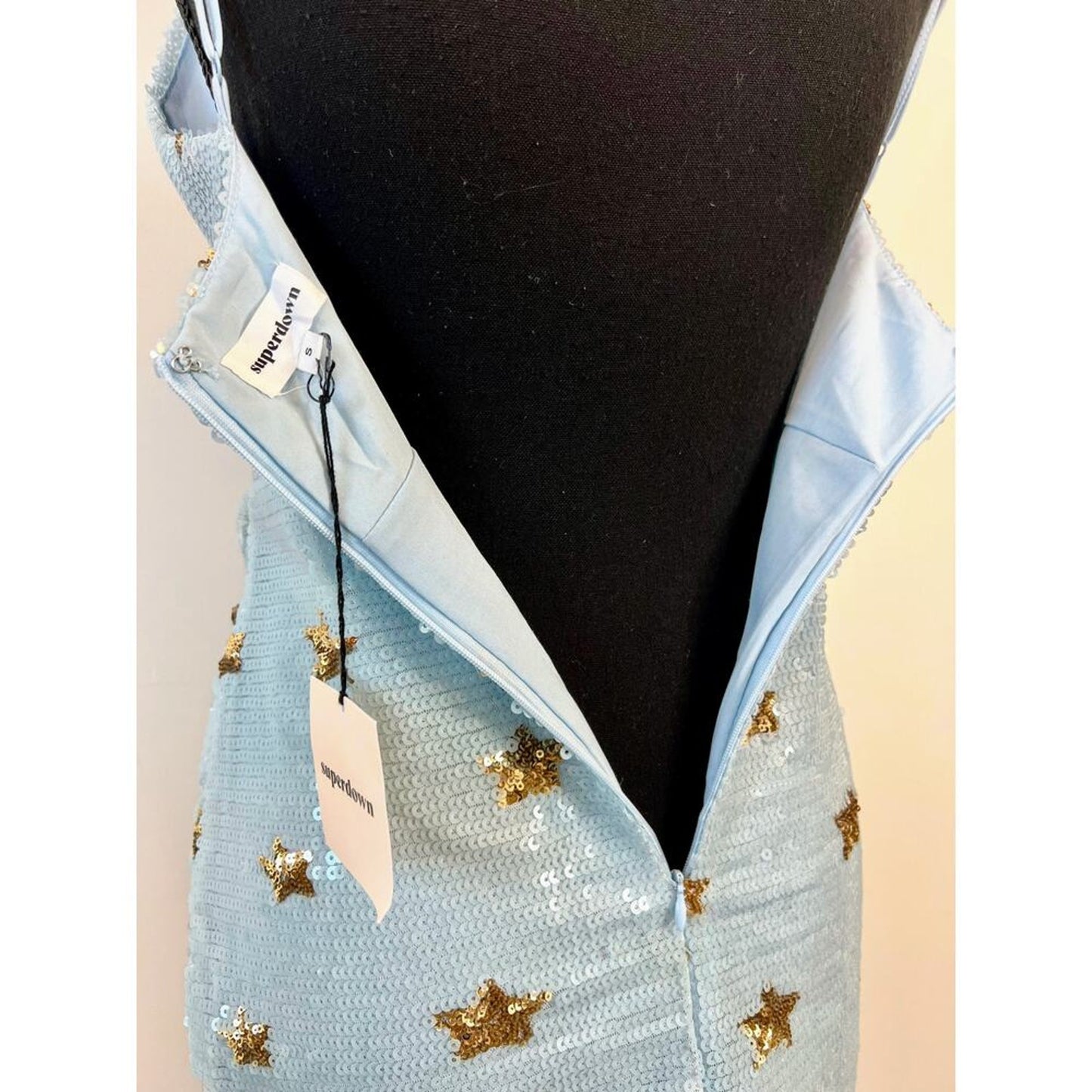 Superdown Dina‎ Mini Dress in Sky Blue/Gold Star Small Sequins Sleeveless Party
