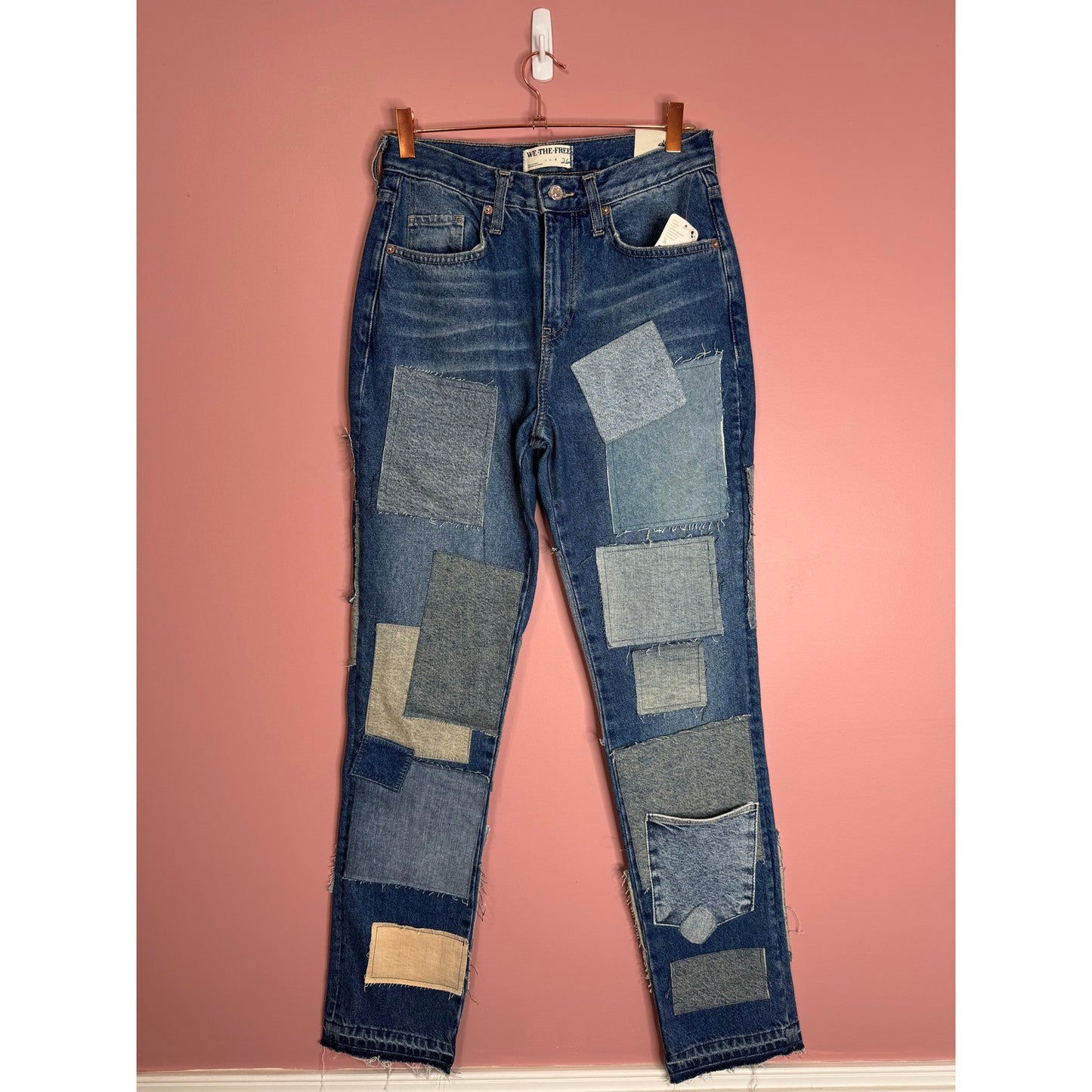 Free People Bare With Me Jeans in Blue Size 26 Patchwork Mid-Rise Straight Leg