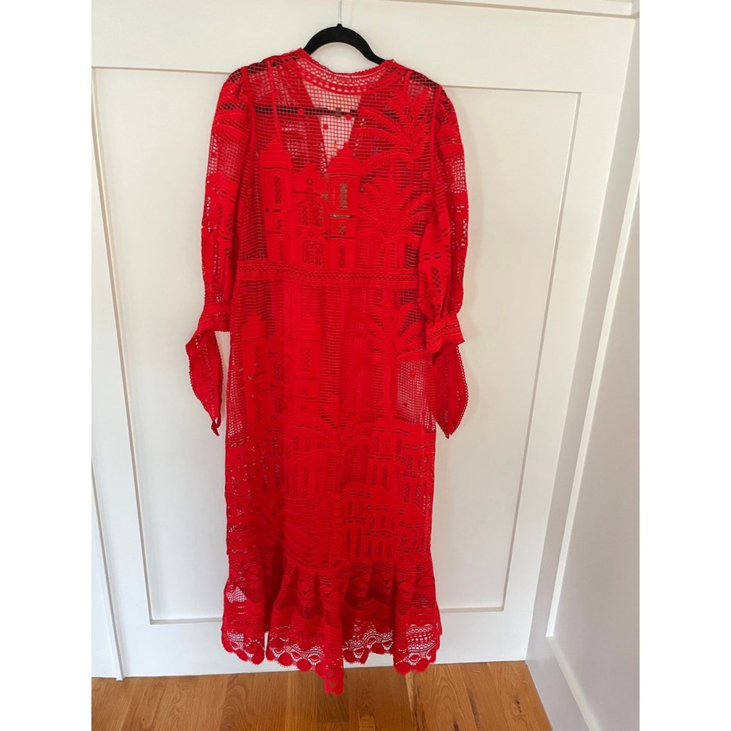 Farm Rio Maxi Dress Red Lace V Neck Long Sleeve Tie Waist Tiered Ruffle Size S