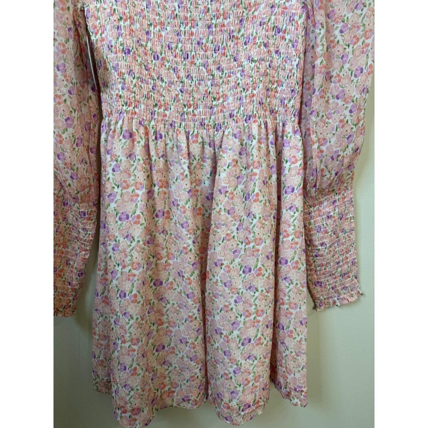 Hill House Home Grace Nap Dress Pink Purple Floral Smocked Long Sleeve Mini NEW