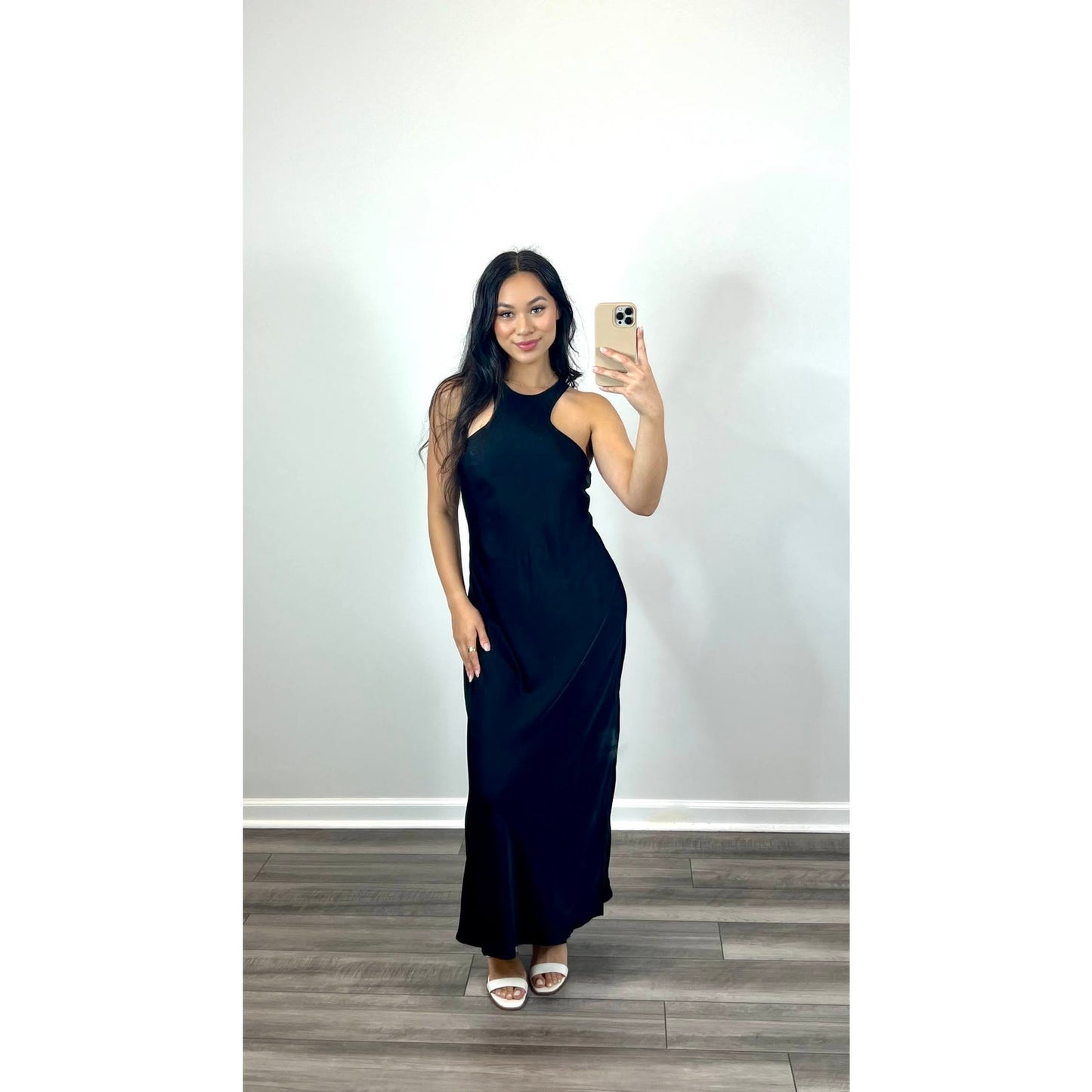 ALLSAINTS Batina Racer Back Maxi Dress in Black Size 8 Satin Keyhole Sleeveless