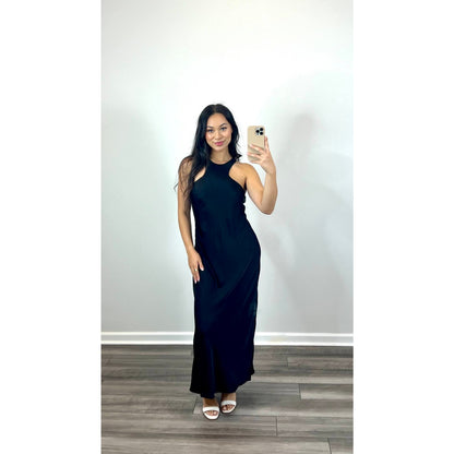 ALLSAINTS Batina Racer Back Maxi Dress in Black Size 8 Satin Keyhole Sleeveless