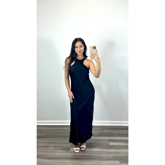 ALLSAINTS Batina Racer Back Maxi Dress in Black Size 8 Satin Keyhole Sleeveless