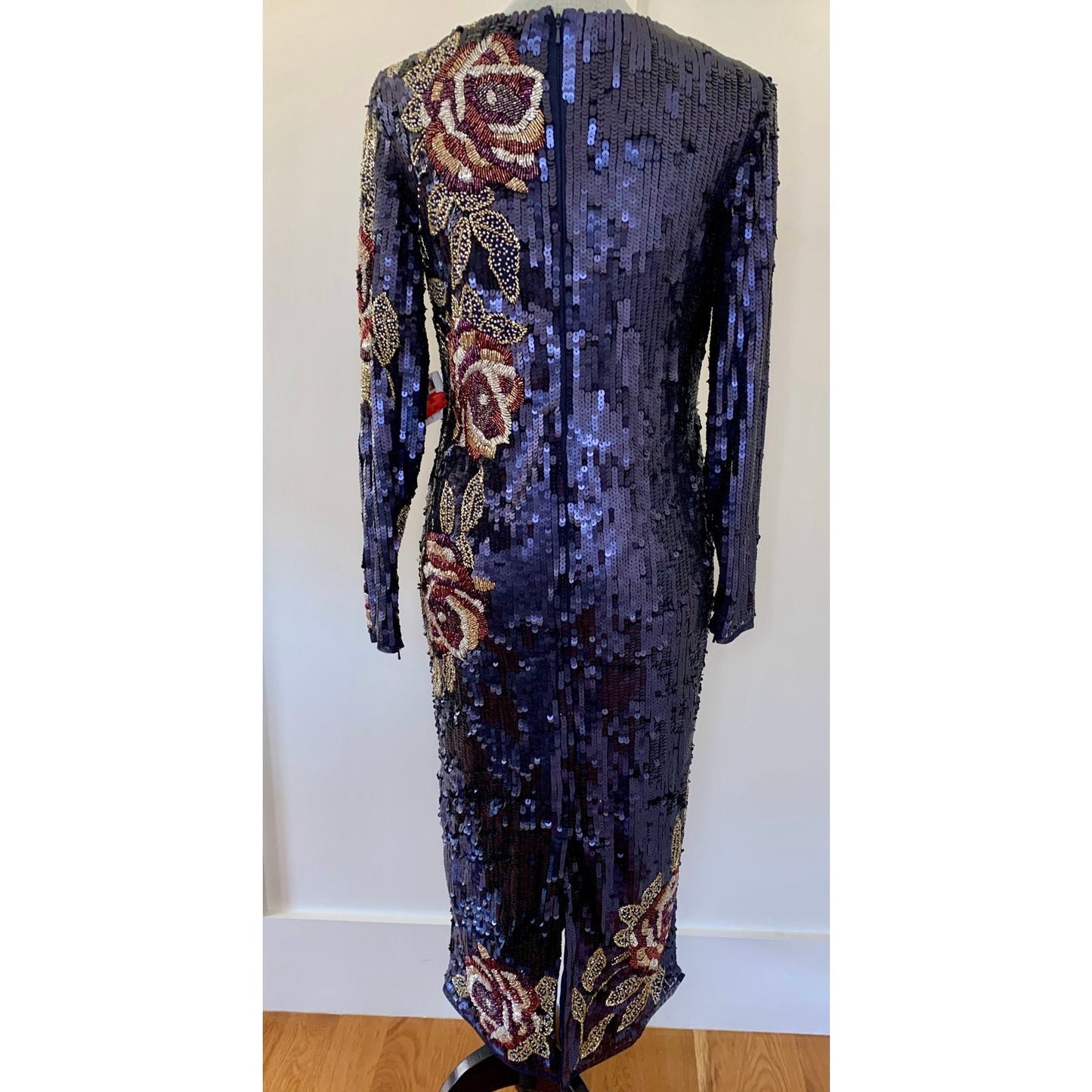 Mac Duggal Metallic Floral Midi Sequin in Midnight Dress Size 8 Long Sleeve