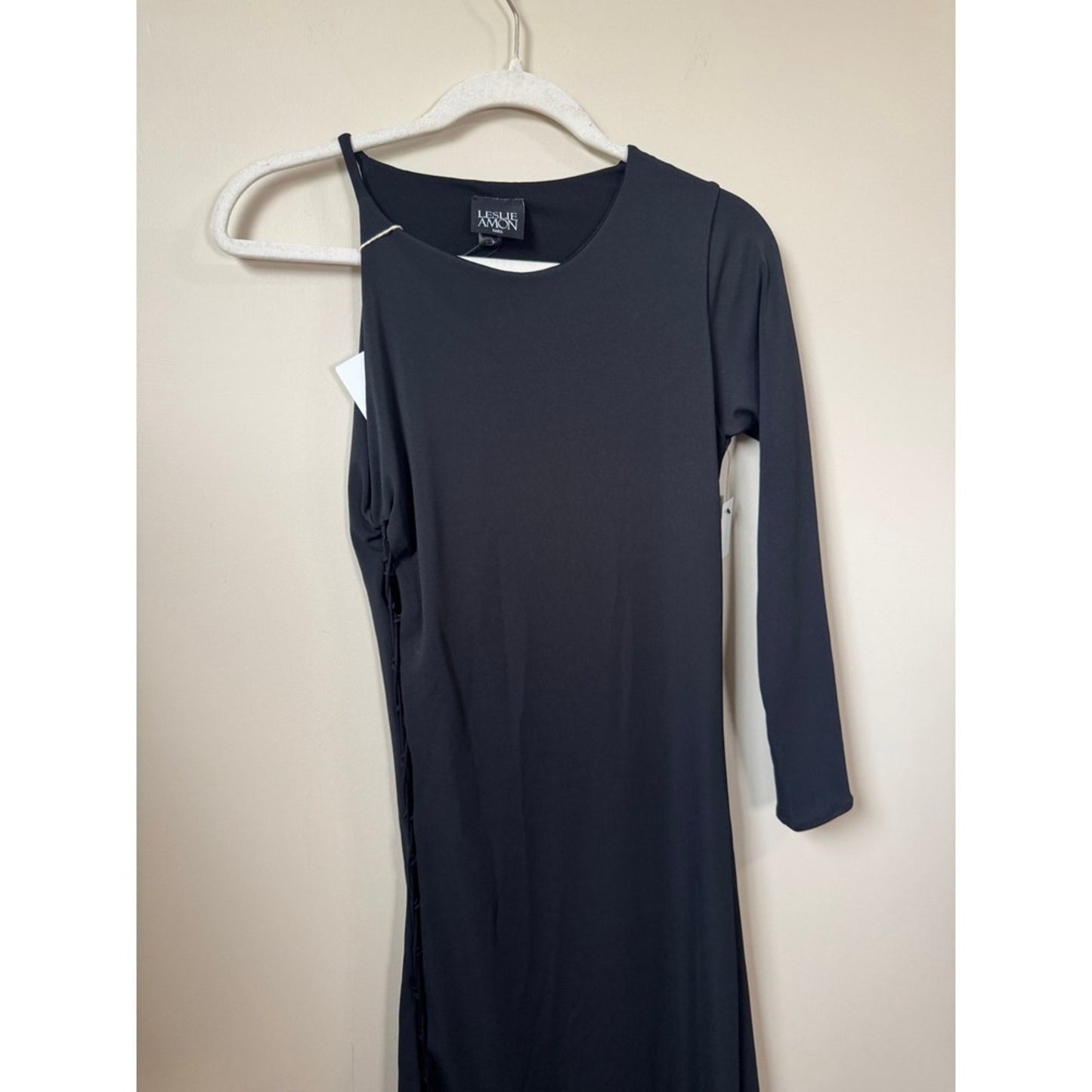 Leslie Amon Paris Black Lace Up Side One Sleeve Asymmetric Maxi Dress NWT