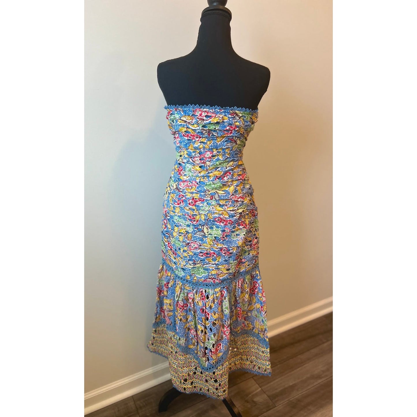 Hemant and Nandita Preet Midi Dress in Blue Medium Floral Eyelet Strapless Lined